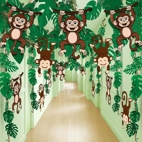 77 Pcs Monkey Themed Party Decorations with 12 Felt Hanging Monkeys 98.4ft Kraft Paper and 14.4ft Artificial Rattan 60 Palm Leaf Garland Jungle Rainforest Tropical Safari Decor Birthday Indoor Outdoor in Kuwait