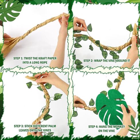 77 Pcs Monkey Themed Party Decorations with 12 Felt Hanging Monkeys 98.4ft Kraft Paper and 14.4ft Artificial Rattan 60 Palm Leaf Garland Jungle Rainforest Tropical Safari Decor Birthday Indoor Outdoor in Kuwait