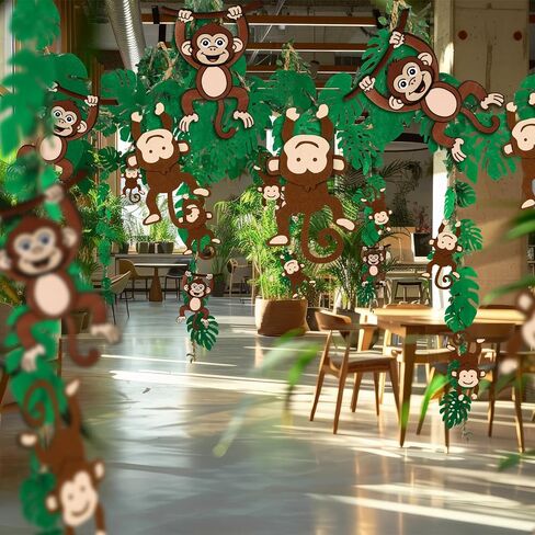 77 Pcs Monkey Themed Party Decorations with 12 Felt Hanging Monkeys 98.4ft Kraft Paper and 14.4ft Artificial Rattan 60 Palm Leaf Garland Jungle Rainforest Tropical Safari Decor Birthday Indoor Outdoor in Kuwait
