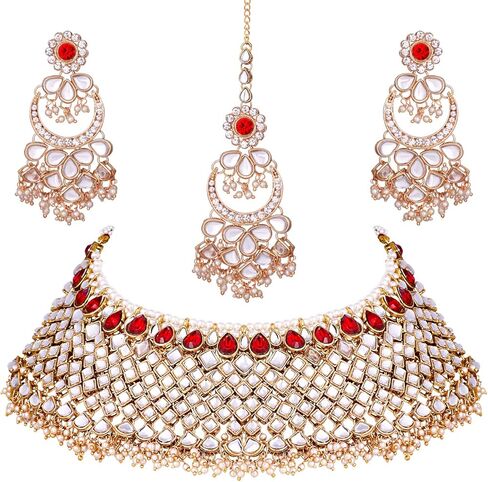 Aheli Exquisite Kundan Pearl Stones Indian Traditional Ethnic Wedding Necklace Earrings with Maang Tikka Set Bollywood Party Statement Jewelry Gift for Women in Saudi Arabia