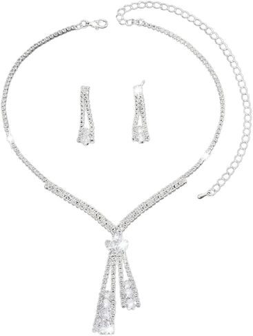 Sparkling Long Rhinestone Tassel Pendant Necklace Earring, Silver Green Crystal Necklaces Earrings For Women Trendy Bling Party Wedding Jewelry Gift Set in Kuwait