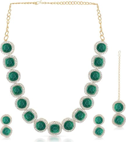 Beautiful Traditional 2-Layer Quartz Necklace Set | Ruby & Rhinestone Teardrop Earrings | Maang Tikka & Ring | Stylish Fashion Jewellery for Women & Girls in Kuwait