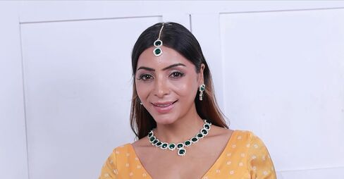 Beautiful Traditional 2-Layer Quartz Necklace Set | Ruby & Rhinestone Teardrop Earrings | Maang Tikka & Ring | Stylish Fashion Jewellery for Women & Girls in Kuwait