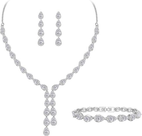 مجموعة مجوهرات الزفاف Crysdue Teardrop للعرائس ووصيفات العروس، مكعب زركونيا رائع على شكل حرف Y وقلادة وسوار متدلي مجموعة من الأقراط لحفلات الزفاف والحفلات الراقصة in Kuwait