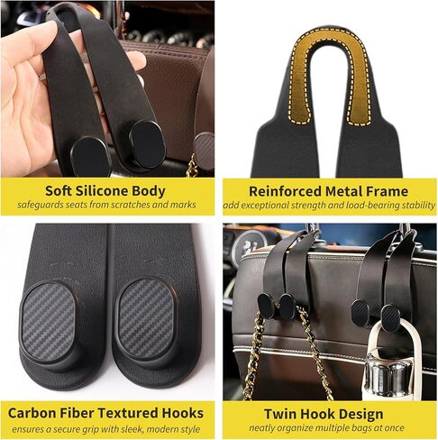 WEIHAO Purse Hook for Car Headrest, Silicone Car Seat Back Storage Hook, Twin Hooks Carbon Fiber Textured Car Headrest Hangers, Bag Holder for Sedan, Trucks, SUVs, Most Vehicles (Black-2PCS) in Kuwait