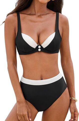 CUPSHE Women's Bikini Sets Two Piece Swimsuit Underwire High Waisted Bathing Suit Back Hook Color Block in Saudi Arabia