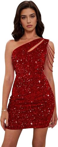 Womens Sequin Velvet One Shoulder Cut Out Mini Dress Shoulder Chain Bodycon Club Sparkly Cocktail Dress in Saudi Arabia