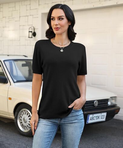 NILOUFO Womens Short Sleeve Sweaters 2026 Summer Casual Crew Neck Knitted Pullover Tops Lightweight Loose Fit Basic in Saudi Arabia