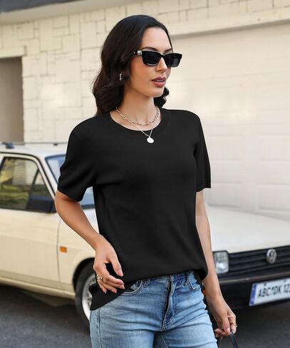 NILOUFO Womens Short Sleeve Sweaters 2026 Summer Casual Crew Neck Knitted Pullover Tops Lightweight Loose Fit Basic in Saudi Arabia