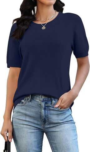 NILOUFO Womens Short Sleeve Sweaters 2026 Summer Casual Crew Neck Knitted Pullover Tops Lightweight Loose Fit Basic in Saudi Arabia