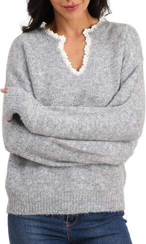 Women’s V Neck Sweater with Lace Trim, Long Sleeve Soft Knit Pullover Top Casual Fall Winter Outfits in Kuwait