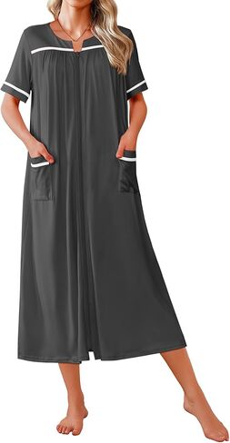 Ekouaer Zipper Robes for Women Short Sleeve Bathrobe Soft Lightweight Housecoat Full Length Nightgown with Pockets S-3XL in Saudi Arabia