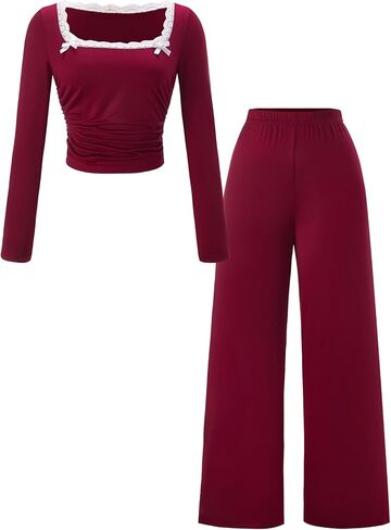 Women's 2 Piece Fall Pajama Set Bow Lace Trim Ruched Long Sleeve Crop Top and Pants Cute Loungewear in Saudi Arabia