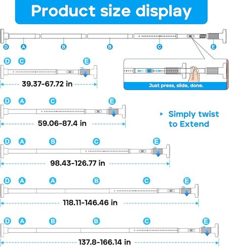 Tension Curtain Rod Black Shower Rod 40-166IN Extra Long Curtain Rods No Drilling Adjustable Tension Rods for Window Shower or Bathroom Outdoor Patio Diameter 1.26In in Kuwait