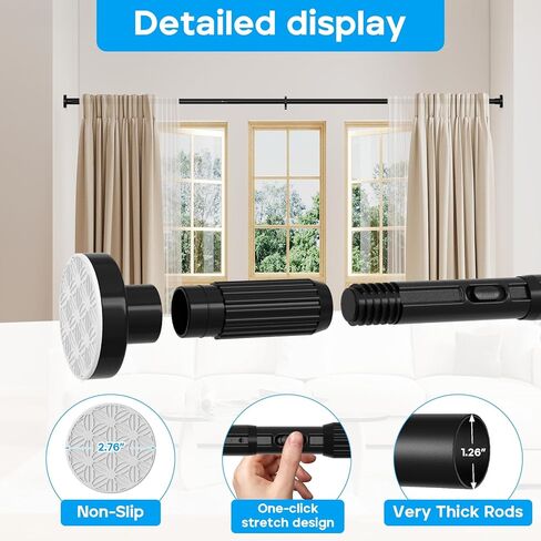 Tension Curtain Rod Black Shower Rod 40-166IN Extra Long Curtain Rods No Drilling Adjustable Tension Rods for Window Shower or Bathroom Outdoor Patio Diameter 1.26In in Kuwait