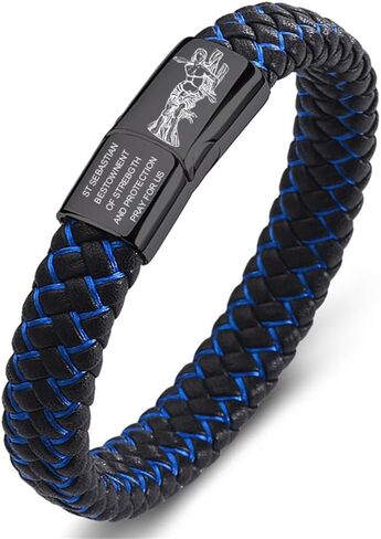 Saint Sebastian Bracelet for Men,Engraved ST Sebastian Cuff Bracelets Stainless Steel Genuine Leather Bangle Patron St Amulet Medal Protection Jewelry Catholic Gift in Kuwait