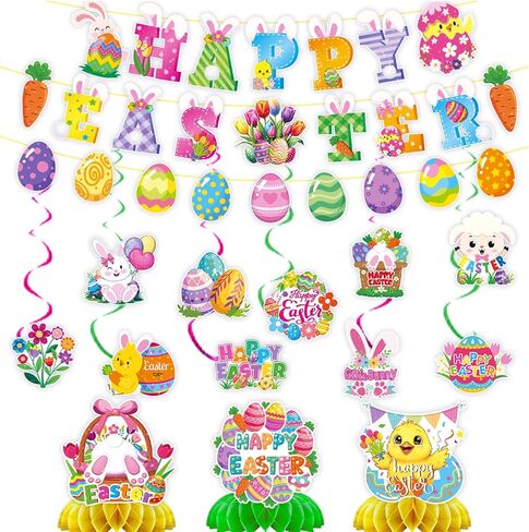48-Piece Easter Decor Set - including Easter eggs, bunnies, and hanging spiral ornaments, perfect for home, school, classroom, and Easter party decorations in Saudi Arabia
