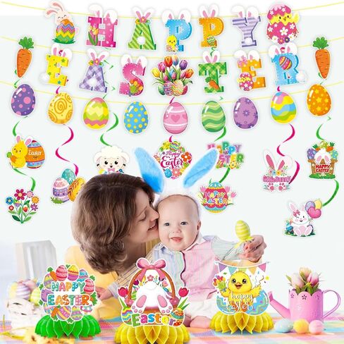 48-Piece Easter Decor Set - including Easter eggs, bunnies, and hanging spiral ornaments, perfect for home, school, classroom, and Easter party decorations in Saudi Arabia