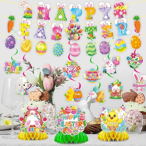 48-Piece Easter Decor Set - including Easter eggs, bunnies, and hanging spiral ornaments, perfect for home, school, classroom, and Easter party decorations in Saudi Arabia