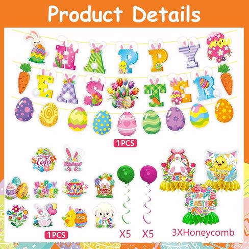 48-Piece Easter Decor Set - including Easter eggs, bunnies, and hanging spiral ornaments, perfect for home, school, classroom, and Easter party decorations in Saudi Arabia