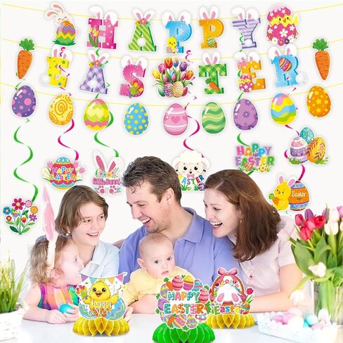 48-Piece Easter Decor Set - including Easter eggs, bunnies, and hanging spiral ornaments, perfect for home, school, classroom, and Easter party decorations in Saudi Arabia