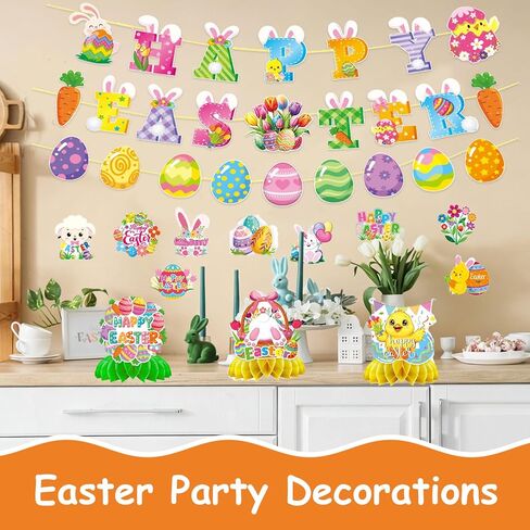 48-Piece Easter Decor Set - including Easter eggs, bunnies, and hanging spiral ornaments, perfect for home, school, classroom, and Easter party decorations in Saudi Arabia