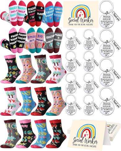 36 Pcs Social Worker Appreciation Gifts Sets Bulk Include Novelty Crew Socks Keychains with Thank You Cards for National Social Work Month Supplies in Saudi Arabia