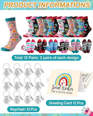 36 Pcs Social Worker Appreciation Gifts Sets Bulk Include Novelty Crew Socks Keychains with Thank You Cards for National Social Work Month Supplies in Saudi Arabia