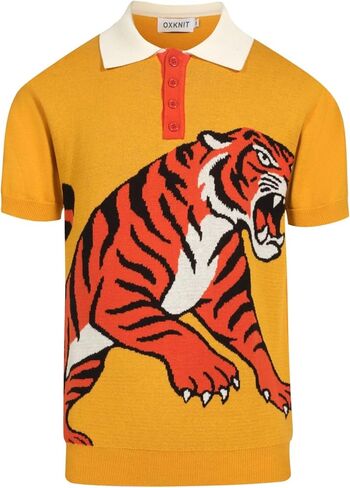OXKNIT Knit Polo Shirt for Men, Retro Tiger Pattern Yellow Shirt Quarter Button Down Short Sleeve Men's Clothing in Kuwait