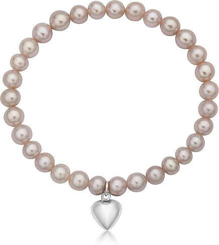 Blue Ocean Pearls .925 Sterling Silver & 6mm-6.5mm AAA Round White or Pink Freshwater Cultured Pearl Bride & Bridesmaid Stretch Strand Charm Bracelet with Heart Charm in Kuwait