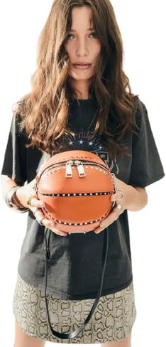 Rebecca Minkoff Basketball Crossbody Bag, Women's Round Leather Shoulder Purse, Sporty Handbag, Mandarino Orange in Saudi Arabia