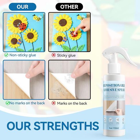 Repositionable Adhesive Spray, 150ml Temporary Adhesive Spray Easy to Stick Applies Evenly Leaves No Residue After Drying for DIY Creations for Handicrafts Wood Paper Glass Photographs Tiles in Kuwait