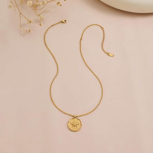 Bee Pendant Necklaces for Women Coin Embossed Choker Necklace Stylish Minimalist Design Pendant Necklaces Gold Plated Round Pendant Personalized Necklace Gift in Kuwait