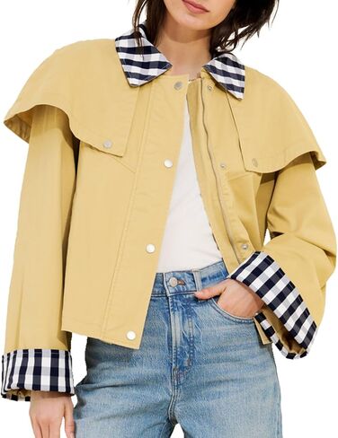 Women's Gingham Cape Jacket, Cotton Plaid Trim Trench Coat Snap Button Cropped Peacoat with Pockets in Kuwait