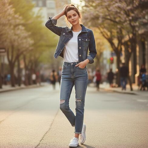 Women's Cropped Denim Jacket Classic Button Up Jean Jacket - Slim Fit Long Sleeve Trucker Jacket Vintage Washed - Spring Fall Casual Short Coat for Daily Wear Layering Outerwear-L in Saudi Arabia