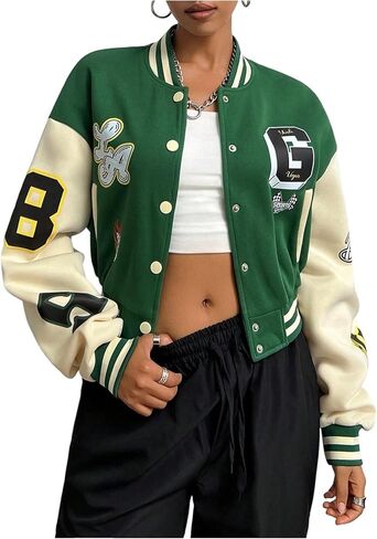 Milumia Women's Letter Print Button Down Varsity Jacket Baseball Collar Neck Crop Jackets Streetwear in Saudi Arabia