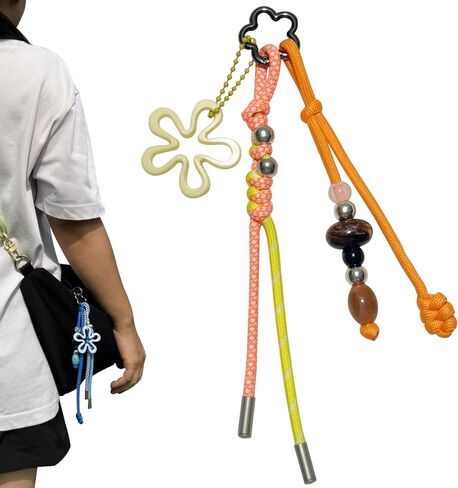 سلسلة مفاتيح ملونة مضفرة يدويًا مع خرز - إكسسوار لطيف لحقائب الظهر وحقائب اليد وحقائب اليد الكبيرة - للنساء والفتيات باللون البرتقالي in Kuwait