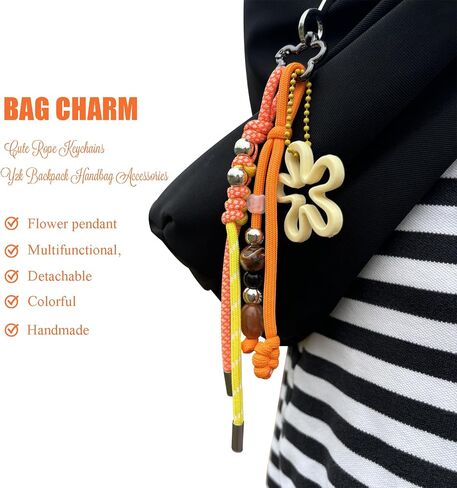 سلسلة مفاتيح ملونة مضفرة يدويًا مع خرز - إكسسوار لطيف لحقائب الظهر وحقائب اليد وحقائب اليد الكبيرة - للنساء والفتيات باللون البرتقالي in Kuwait