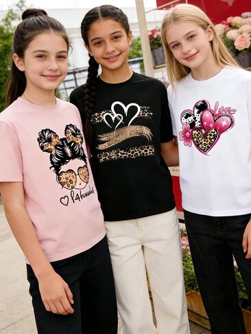 3-Pack Girls Short Sleeve Graphic Tees, Printed Crew Neck T-Shirts for Kids 8–14 in Saudi Arabia