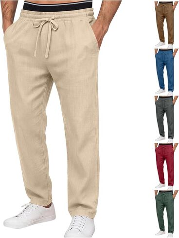 Linen Pants Men Casual Lightweight Beach Pants Drawstring Relaxed Loose Fit Vacation Summer Trousers with Pockets in Kuwait