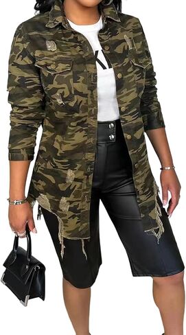 سترة مموهة للنساء بأكمام طويلة وأزرار سفلية من الجينز المموه ومعطف بمقاس كبير للخريف in Kuwait