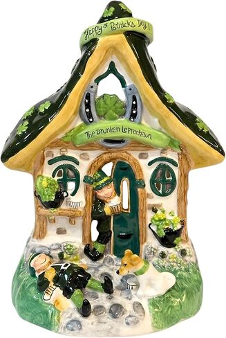 Blue Sky Clayworks The Drunken Leprechaun Candle House, Ceramic 8" L x 7" W x 9" H, Shamrock Pub Glow in Saudi Arabia