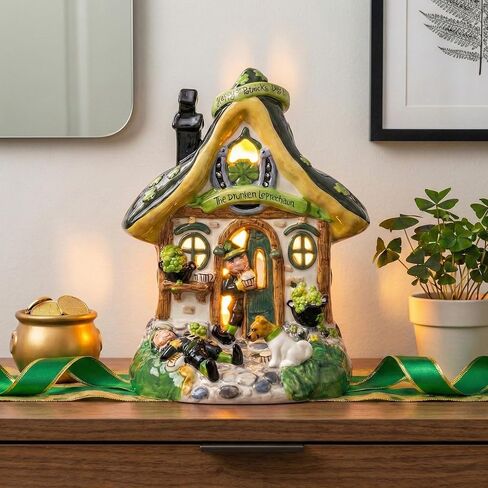 Blue Sky Clayworks The Drunken Leprechaun Candle House, Ceramic 8" L x 7" W x 9" H, Shamrock Pub Glow in Saudi Arabia