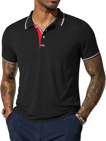 Men's Polo Shirts Solid Slim Fit Short Sleeve - Athletic Casual Polos Pure Black in Saudi Arabia