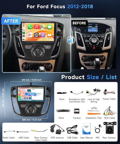 2G+64G Android Car Radio Car Stereo for Ford Focus 2012-2018 with Wireless Carplay Android Auto, 9’’ Touch Screen Head Unit with Mirror Link WiFi GPS Bluetooth FM RDS EQ AHD Backup Camera SWC MIC in Kuwait