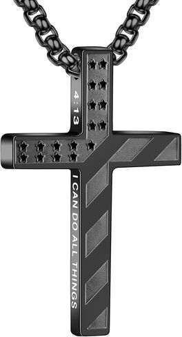 Easter Basket Stuffers - Cross Necklace for Men Boys, Stainless Steel American Flag Cross Pendant with Bible Verse, 24 Inches Chain - Religious Gifts for Men Boys with Baptism Christian in Kuwait