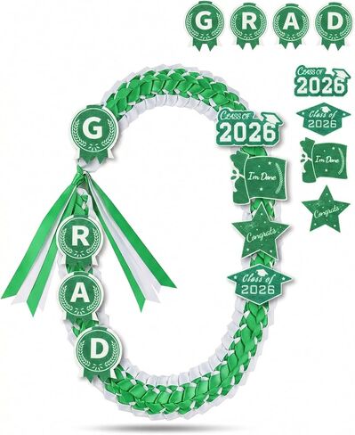 قلادة ZenNex Graduation Leis 2026 مصنوعة يدويًا بشريط Lei مزدوج الشريط مع رقع GRAD لإكسسوارات حفلات التخرج من المدرسة الثانوية in Kuwait