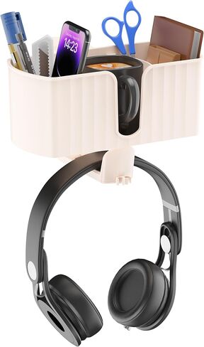حامل أكواب مكتب 4 في 1 مع مساحة تخزين - حامل أكواب مثبت أسفل المكتب وشماعة سماعة رأس دوارة، فتحتين سلكيتين مدمجتين، حجرة تخزين قابلة للفصل للأكواب والهواتف والأقلام وملحقات سطح المكتب in Kuwait