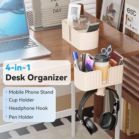 حامل أكواب مكتب 4 في 1 مع مساحة تخزين - حامل أكواب مثبت أسفل المكتب وشماعة سماعة رأس دوارة، فتحتين سلكيتين مدمجتين، حجرة تخزين قابلة للفصل للأكواب والهواتف والأقلام وملحقات سطح المكتب in Kuwait