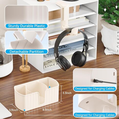 حامل أكواب مكتب 4 في 1 مع مساحة تخزين - حامل أكواب مثبت أسفل المكتب وشماعة سماعة رأس دوارة، فتحتين سلكيتين مدمجتين، حجرة تخزين قابلة للفصل للأكواب والهواتف والأقلام وملحقات سطح المكتب in Kuwait